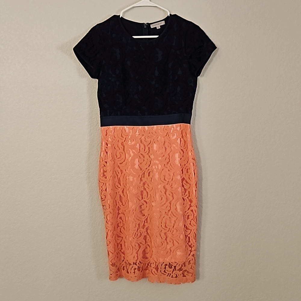 Downeast Women's Size S Dress Sheath Lace Short Sleeve Navy/Coral